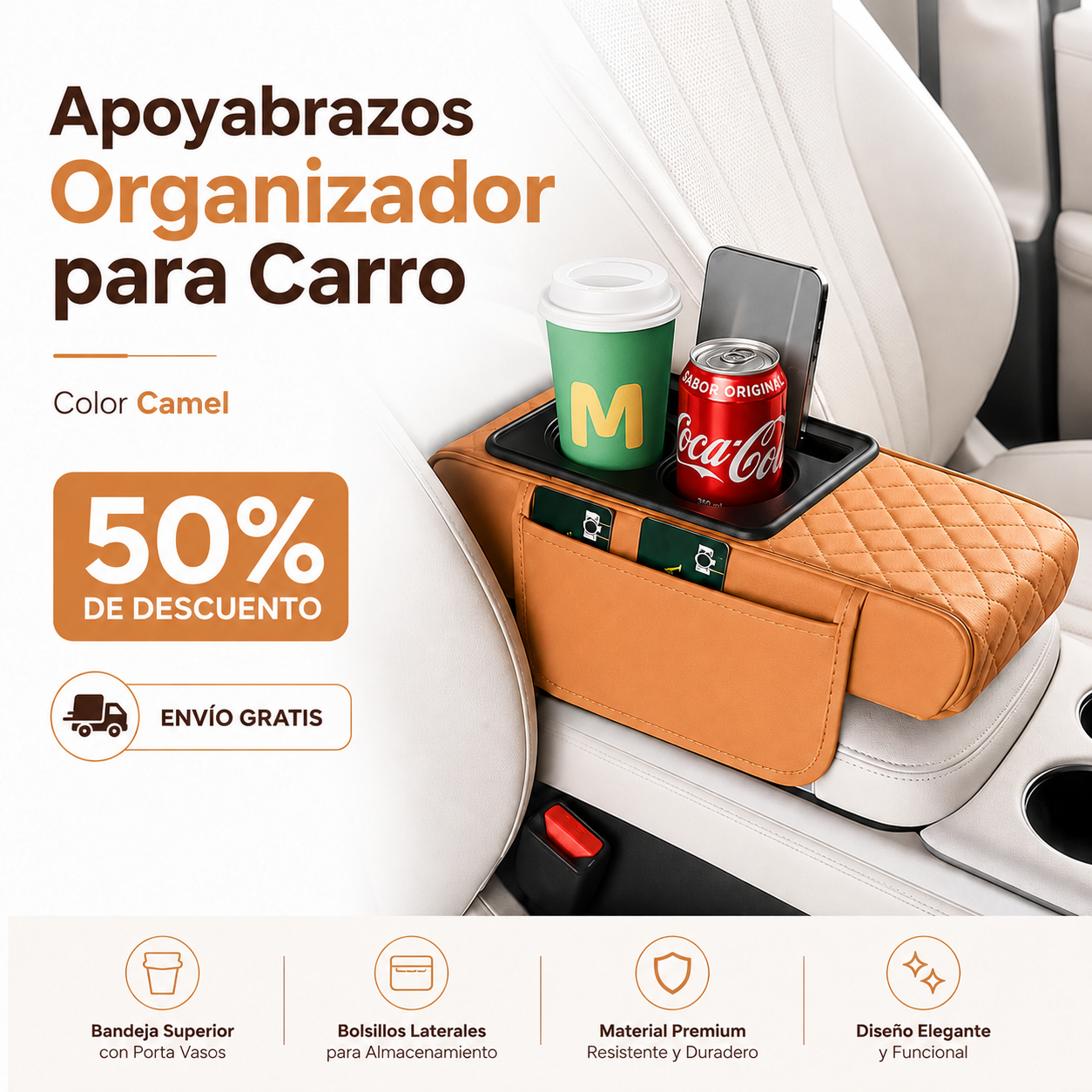 Apoyabrazos Universal para Auto con Portavasos