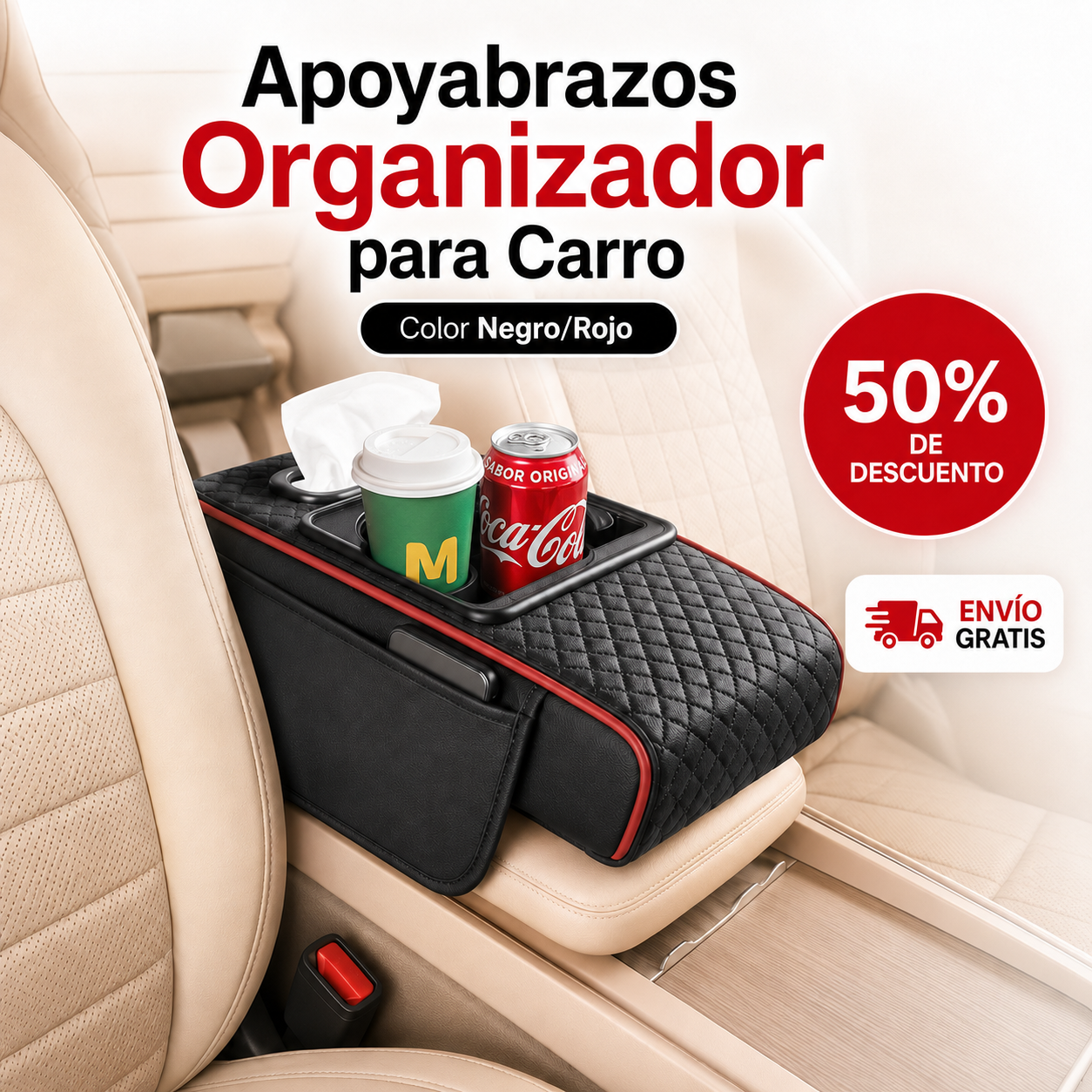 Apoyabrazos Universal para Auto con Portavasos