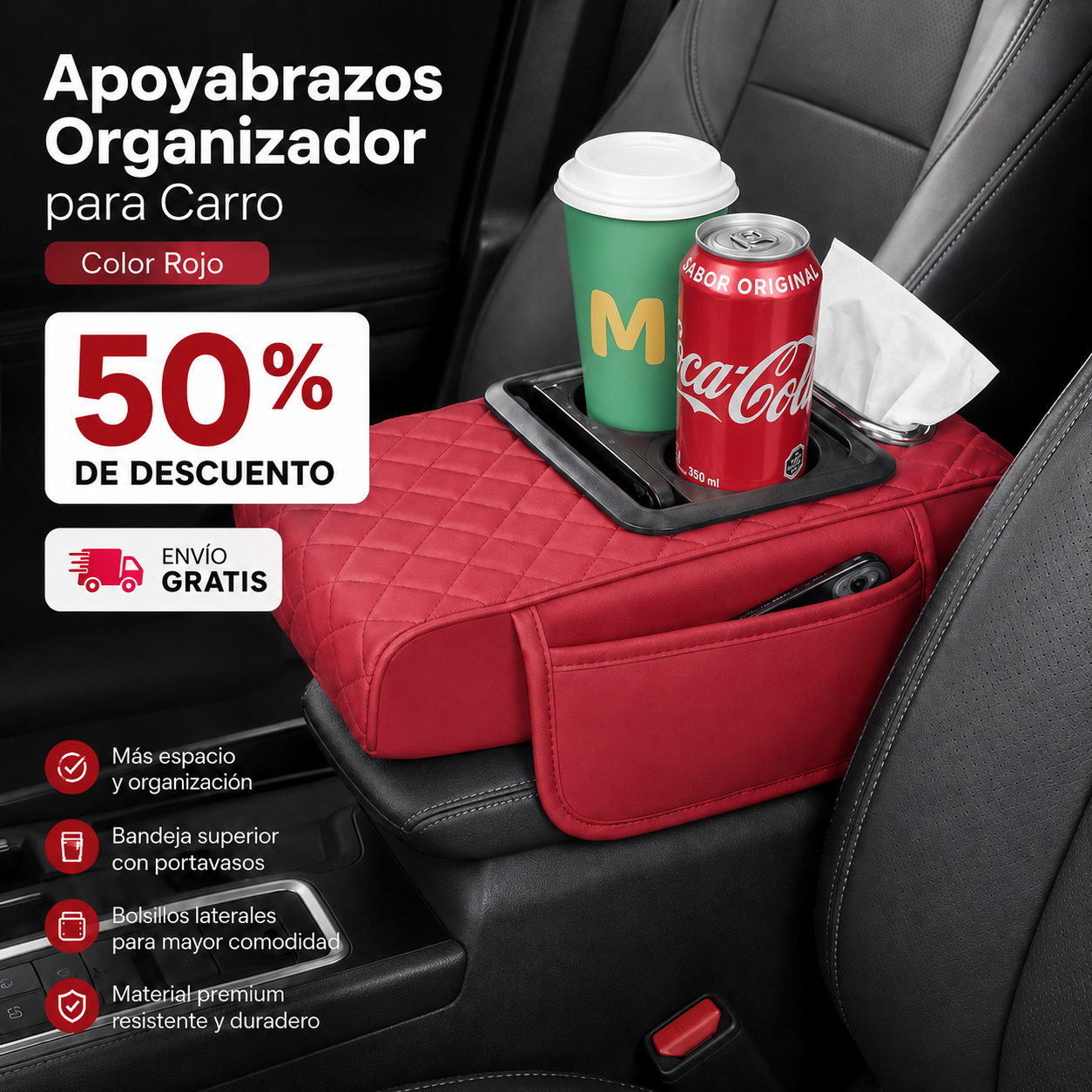 Apoyabrazos Universal para Auto con Portavasos